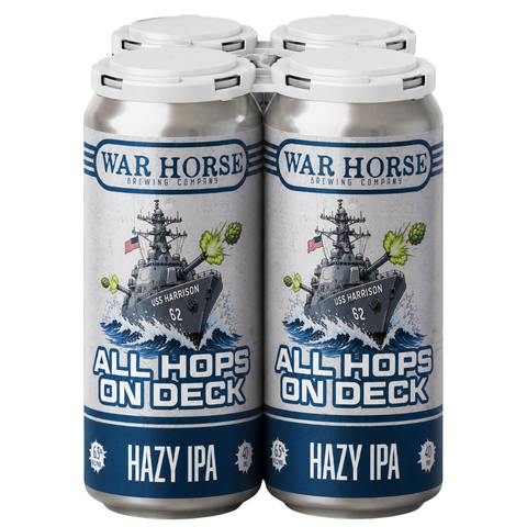 Two aluminum cans of War Horse Brewing Co. All Hops On Deck Hazy IPA, shown side-by-side against a plain white background.