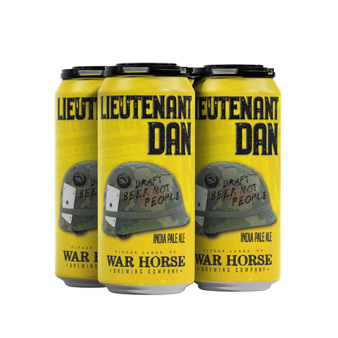 Three yellow beverage cans with black lids, featuring the text 'LIEUTENANT DAN' and a green military helmet graphic with the phrase 'DRAFT BEER NOT PEOPLE,' on a plain white background.