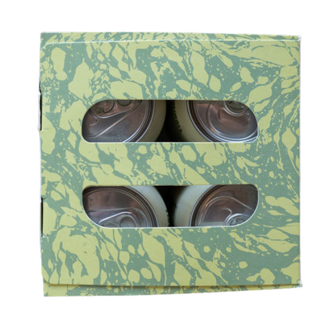 Green marbled box with window displaying four silver cans on a white background