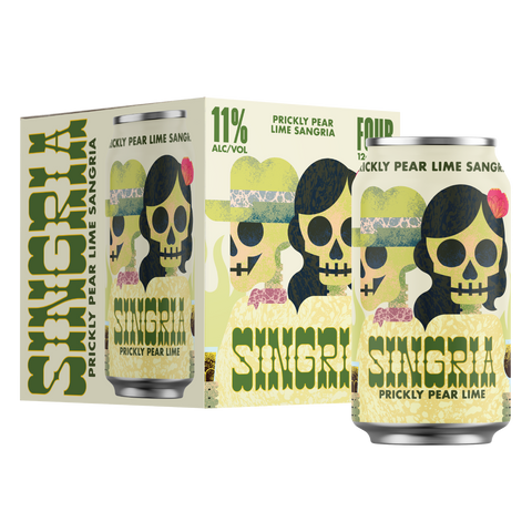 Single can and a box of Singria Prickly Pear Lime Sangria with skull design, 11% alc./vol.