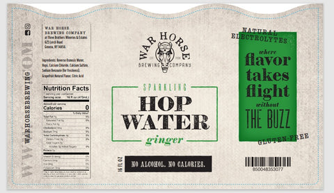 Label for War Horse Brewing Company's Sparkling Hop Water Ginger Lime on a white background