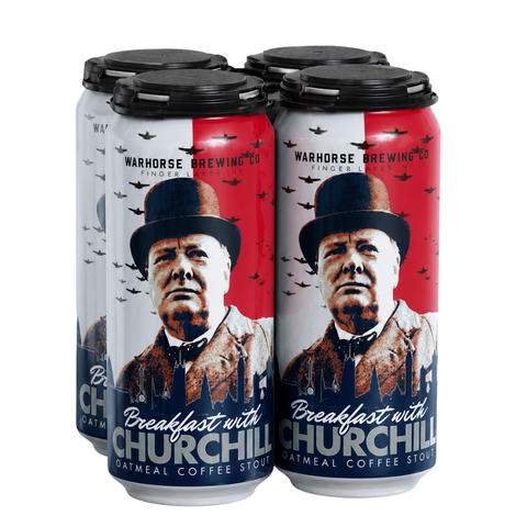 Four Warhorse Brewing Co. cans of Breakfast with Churchill oatmeal coffee stout arranged in a 4-pack on a white background.
