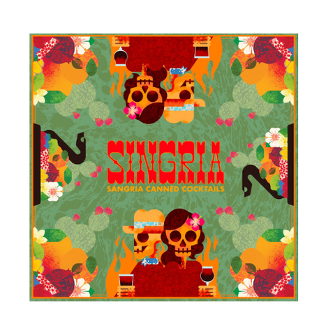 A green bandana with a beige background featuring colorful patterns including a character and text that reads 'SINGRIA'.
