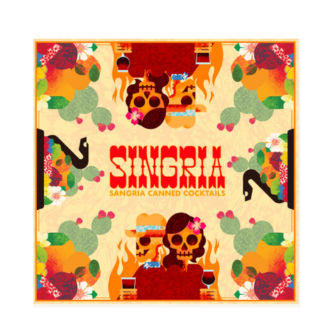 An orange bandana with a beige background featuring colorful patterns including a character and text that reads 'SINGRIA'.