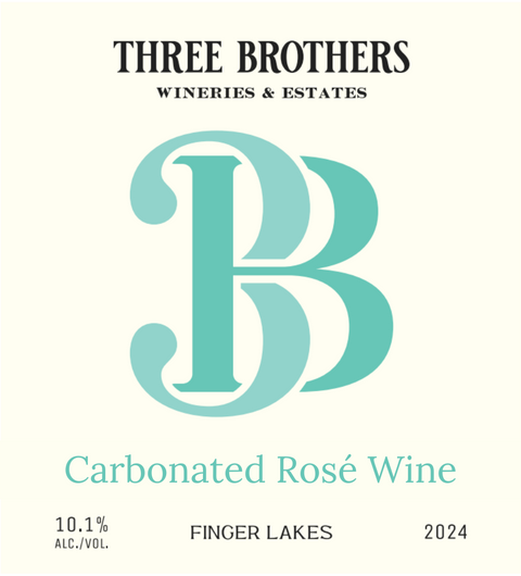 Label for Carbonated Rosé Wine by Three Brothers Wineries & Estates, indicating the wine is from the Finger Lakes region, 2024 vintage, and has 10.1% alcohol by volume.