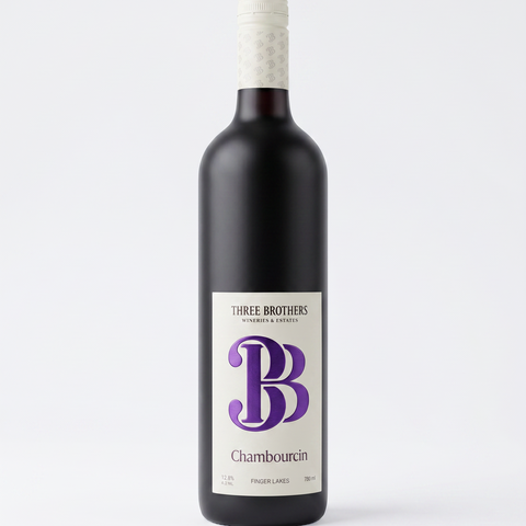 Wine bottle with 'Three Brothers CHambourcin' label on a white background