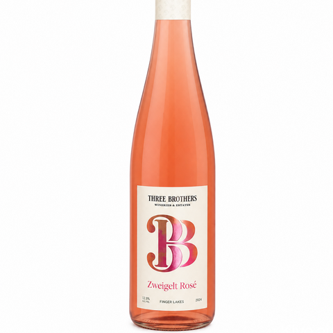 Bottle of Three Brothers Zweigelt Rosé wine on a white background