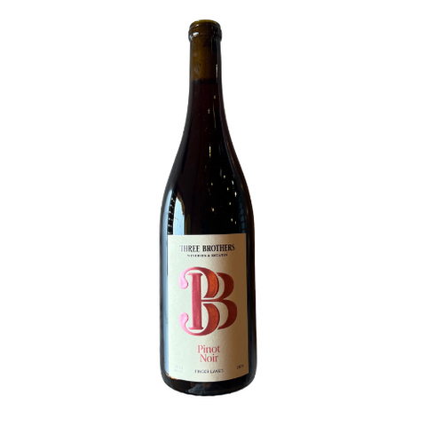 Wine bottle with 'Three Brothers Wineries Pinot Noir" label on a white background