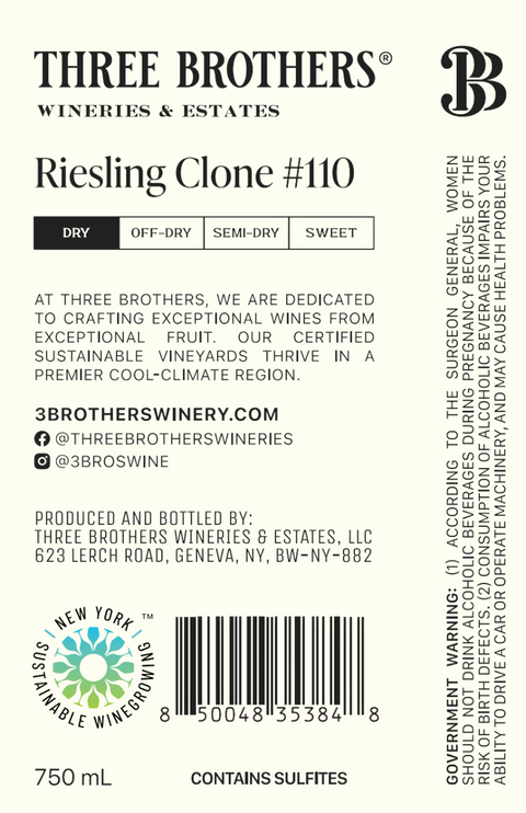 Wine bottle label for 750 mL Three Brothers Wineries & Estates Riesling Clone #110. Label indicates "dry." Label has New York Sustainable Winegrowing trustmark.