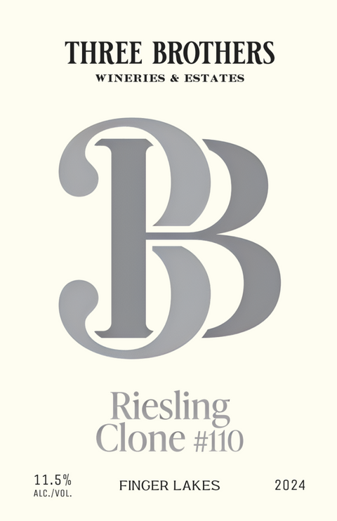 Wine bottle label for Three Brothers Wineries & Estates Riesling Clone #110 with a vintage date of 2024. The label features stylized text and indicates an alcohol content of 11.5%
