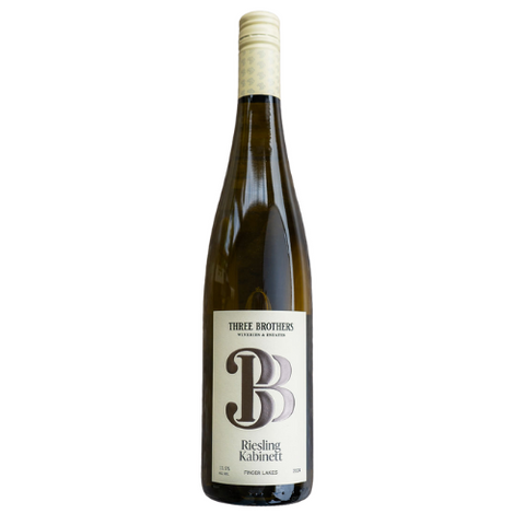 Wine bottle with a Three Brothers Wineries Riesling Kabinett label on a white background