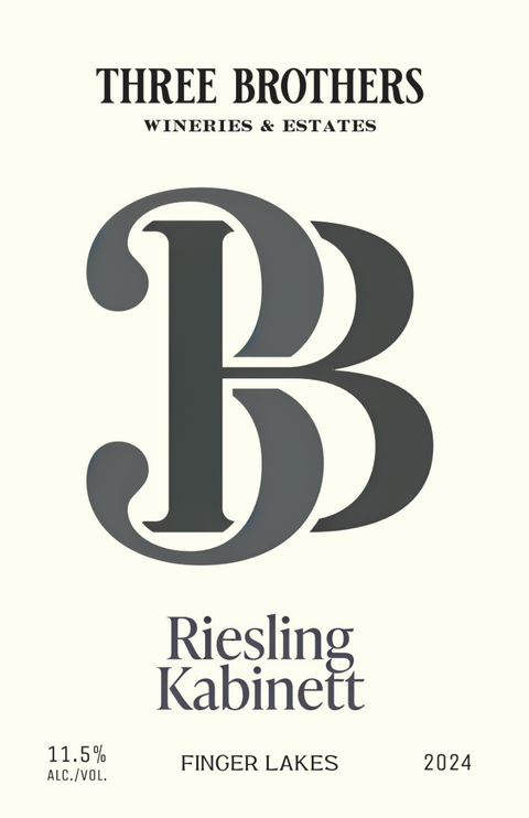 Label of a wine bottle with the text 'THREE BROTHERS WINERIES & ESTATES', 'Riesling Kabinett', 'Finger Lakes', and the year '2024'. The alcohol volume is 11.5%