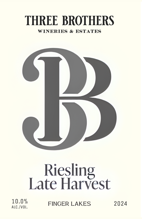 Label of a wine bottle with the text 'THREE BROTHERS WINERIES & ESTATES', 'Riesling Late Harvest', 'FINGER LAKES', '2024', and the wine percentage '10%'. The bottle has a white background and the text is primarily in a grey shade.