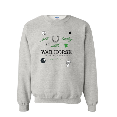 Gray sweatshirt with text reading "Get Lucky with War Horse Brewing Company " and graphics including dice, horse show, eight ball, shamrock, a lucky number 7
