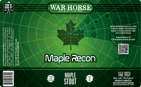 Green label for War Horse Brewing Company Maple Recon Maple Stout with a maple leaf design.
